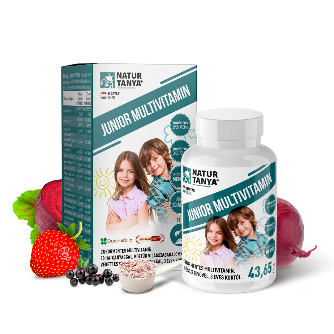JUNIOR MULTIVITAMIN - fără zahăr și aditivi, 20 de nutrienți organici, soc negru, pudră de suc de sfeclă roșie, aromă naturală și delicioasă de căpșuni, pentru copii de la 3 ani 43,65g