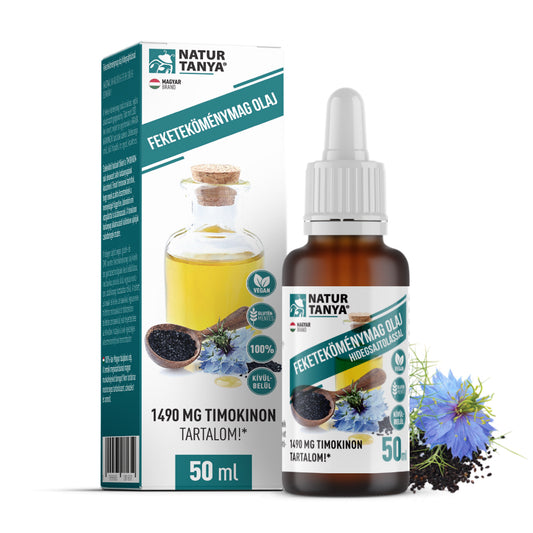 100% ulei de semințe de chimen negru, cu un conținut certificat de 1490 mg de timochinonă, pentru uz extern și intern, 50 ml
