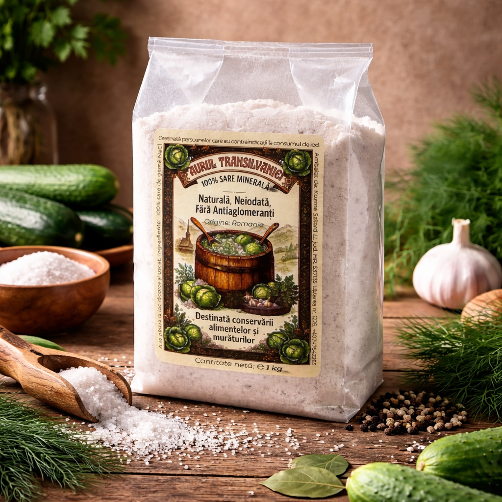 Aurul Transilvaniei – Sare Naturală Neiodată 1kg | Fără E536 | Fără Antiaglomeranți | Sare Gemă Naturală pentru Murături