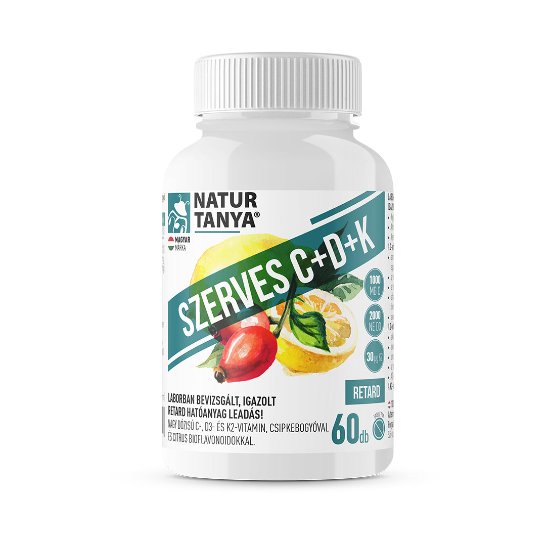 C+D+K organic - Retard 1000mg vitamina C, 2000IU vitamina D3, 30 µg vitamina K2 fermentată cu natto, extract de măceșe și bioflavonoide citrice 60 tablete