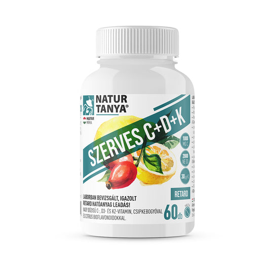 C+D+K organic - Retard 1000mg vitamina C, 2000IU vitamina D3, 30 µg vitamina K2 fermentată cu natto, extract de măceșe și bioflavonoide citrice 60 tablete