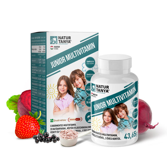 JUNIOR MULTIVITAMIN - fără zahăr și aditivi, 20 de nutrienți organici, soc negru, pudră de suc de sfeclă roșie, aromă naturală și delicioasă de căpșuni, pentru copii de la 3 ani 43,65g