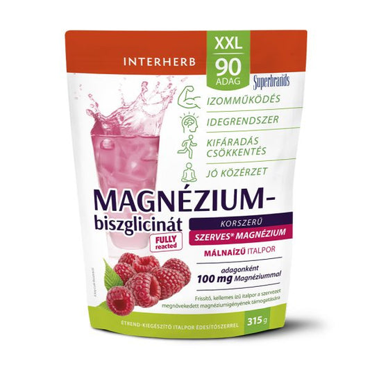 Pulbere pentru băutură cu Magneziu Bisglicinat, cu zmaura 315 g (XXL 90 porții)