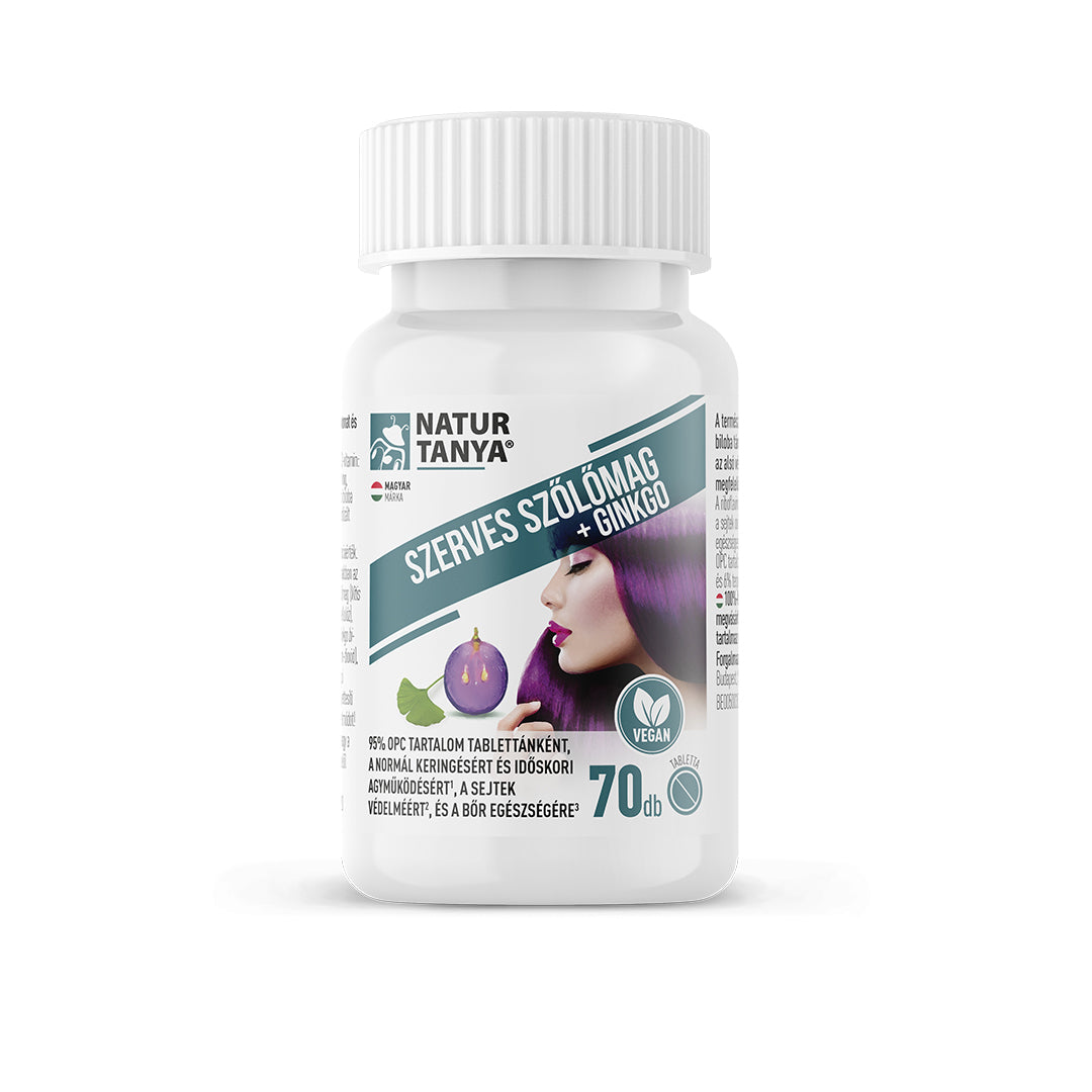 Seminte organice de struguri și Ginkgo biloba. Tablete standardizate cu 95% OPC, 24% glicozide flavonice și 6% terpene lactone 70 tablete