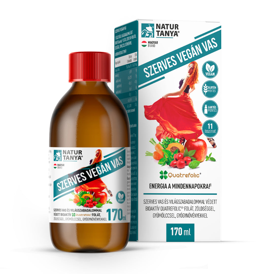 Sirop organic vegan cu fier - Fier organic, Quatrefolic® folat bioactiv brevetat + 9 legume, fructe și plante 170ml