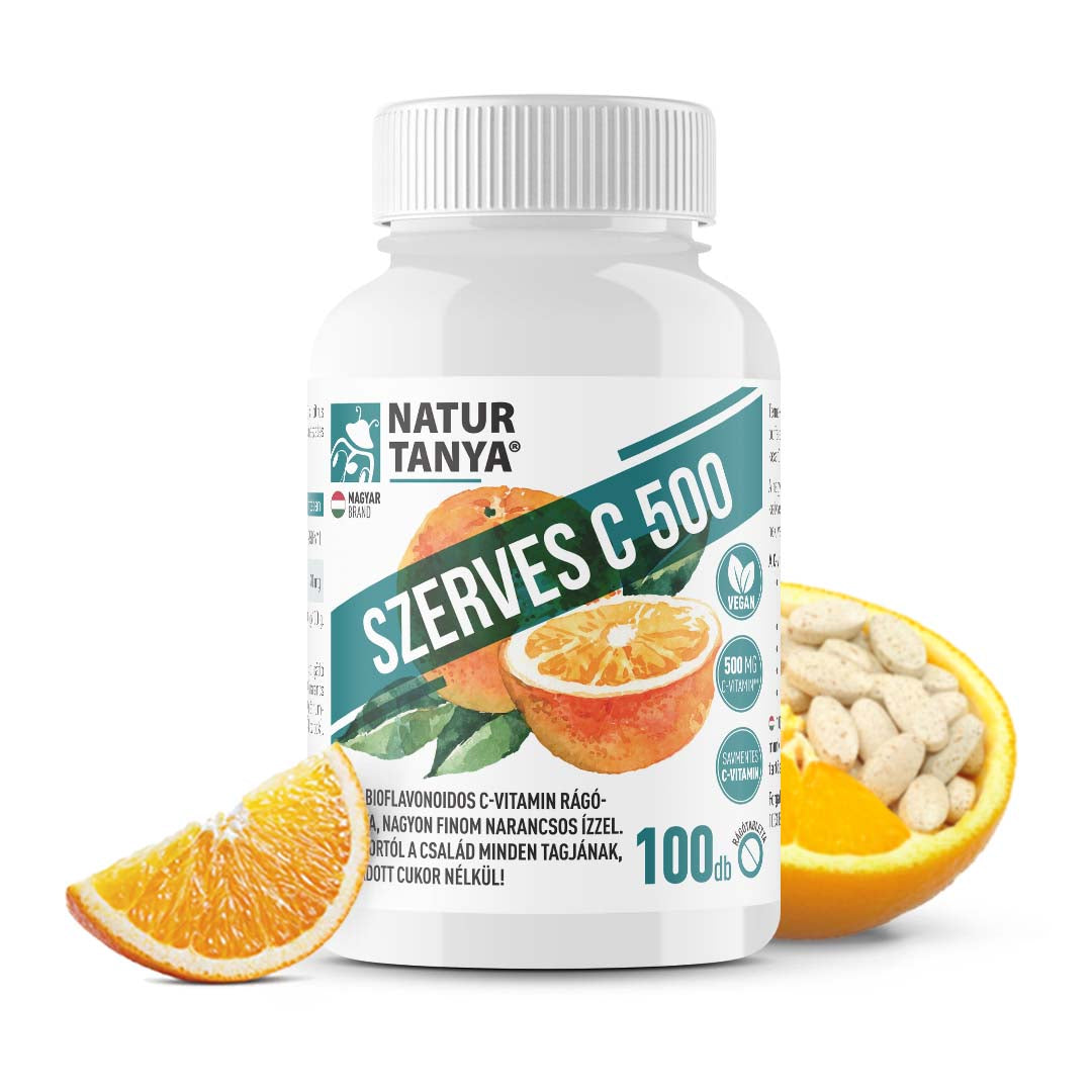 Vitamina C 500 organica - Comprimat masticabil cu vitamina C, ușor de digerat, prietenos cu stomacul, cu bioflavonoide citrice și aromă de portocale, îndulcit cu stevia naturală. 100 tablete masticabi