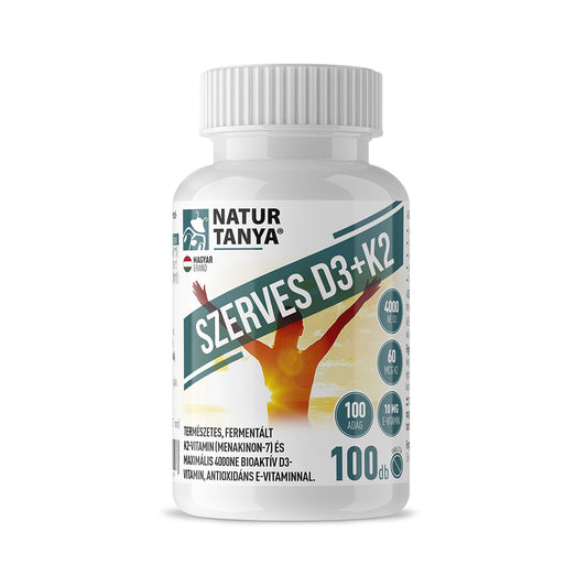 Vitamina D3 și K2 organică. Vitamina K2 naturală, fermentată (menachinonă-7) și vitamina D3 bioactivă maximă 4000 NE, cu vitamina E antioxidantă 100 tablete